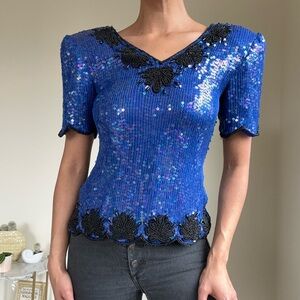 Blue Sequin Top with Black Accents